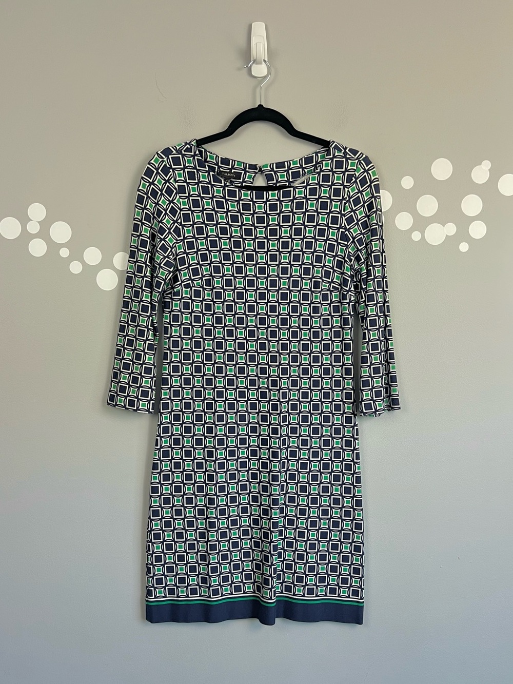Talbots Navy Green Geometric Jersey Shift Dress 3/4 Sleeve Size 6